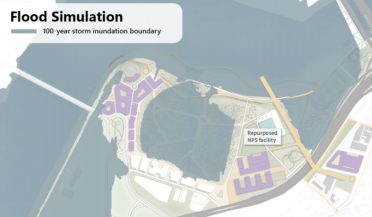 Map of simulated flood inundation according to our proposal for Poplar Point in Southeast DC